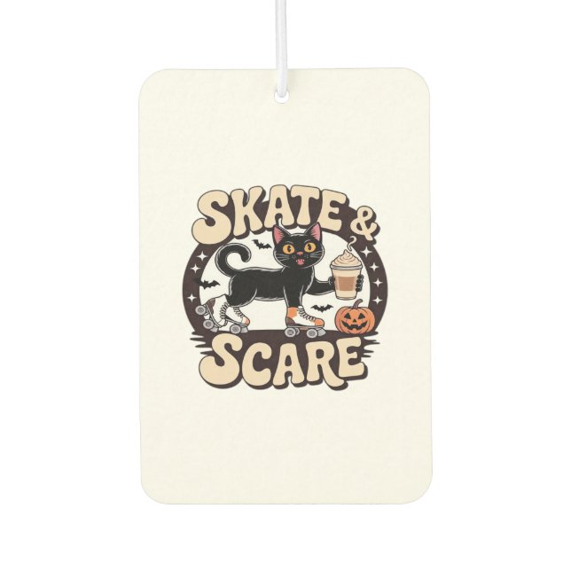 Skate & Scare � Cute Black Cat Roller Skating Over Car Air Freshener (Front)
