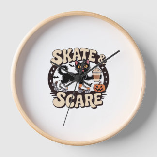 Skate & Scare – Cute Black Cat Roller Skating Over Clock