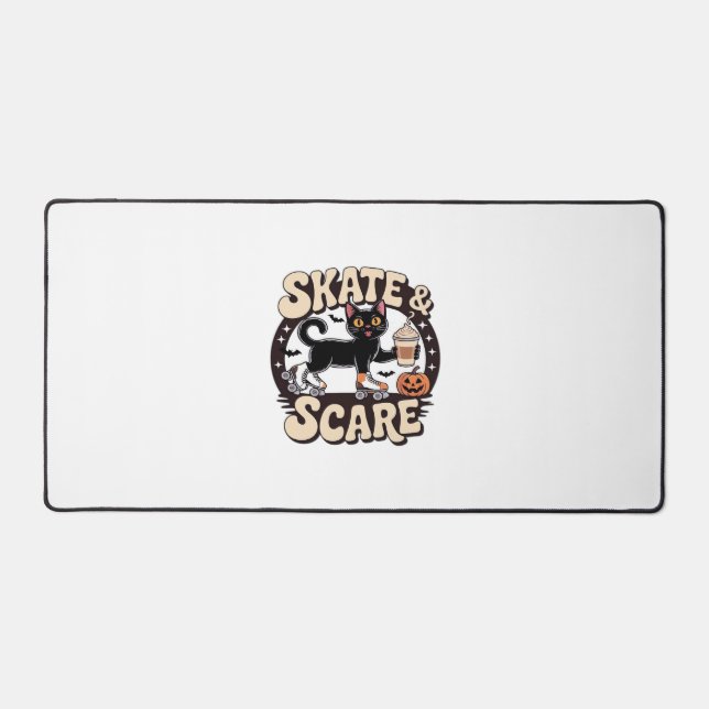 Skate & Scare – Cute Black Cat Roller Skating Over Desk Mat (Front)