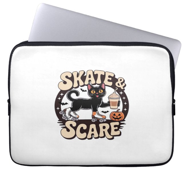Skate & Scare – Cute Black Cat Roller Skating Over Laptop Sleeve (Front)