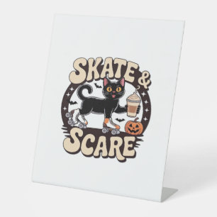 Skate & Scare � Cute Black Cat Roller Skating Over Pedestal Sign