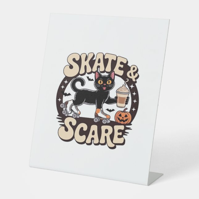 Skate & Scare � Cute Black Cat Roller Skating Over Pedestal Sign (Front)