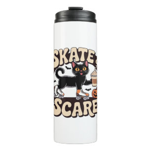 Skate & Scare – Cute Black Cat Roller Skating Over Thermal Tumbler