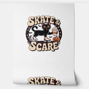 Skate & Scare – Cute Black Cat Roller Skating Over Wallpaper