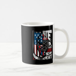 Skate Shoot Score Repeat Ice Hockey American Flag Coffee Mug