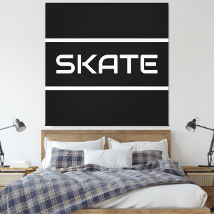 SKATE Sporty White Text Stripes On Modern Black Canvas Print