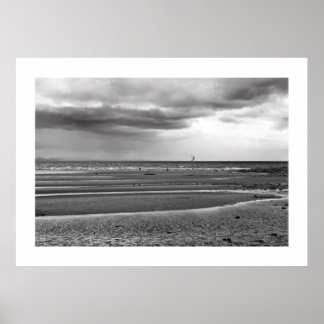 Skate surfing at the beach black and white poster