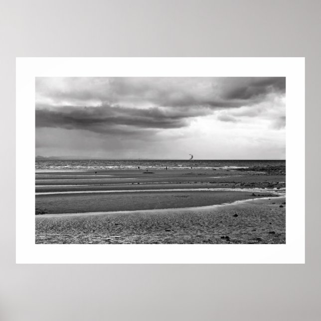 Skate surfing at the beach black and white poster (Front)