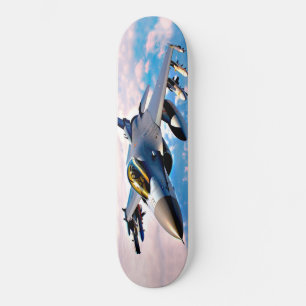 Skateboard Art of F-16 flying above the clouds