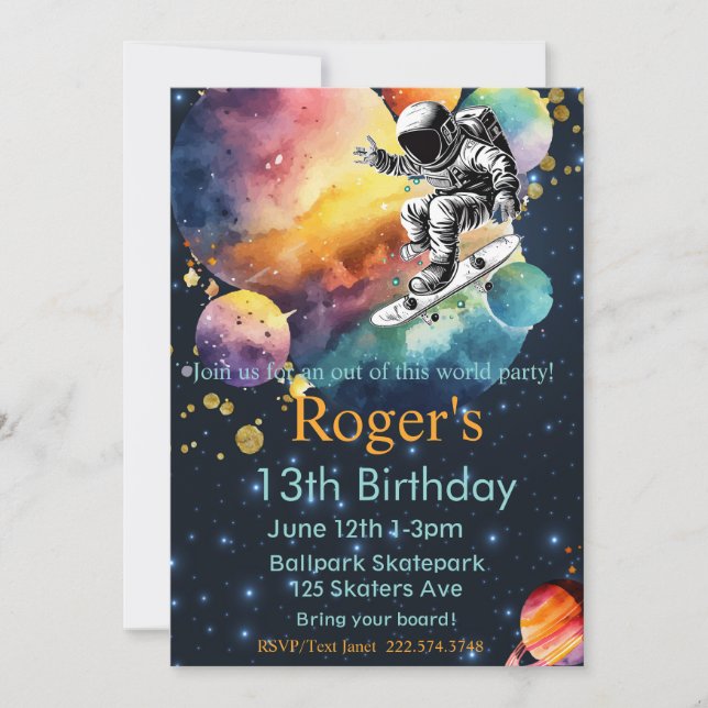 Skateboard Birthday, Astronaut Birthday, Space  Invitation (Front)