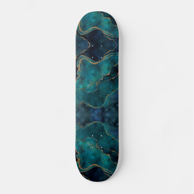 Skateboard - Blue and Teal Marble With Gold Vein (Front)