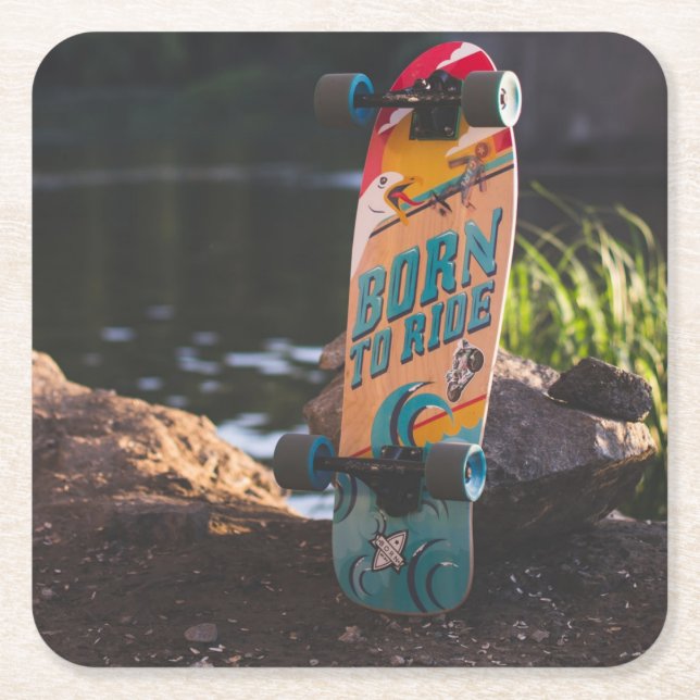 Skateboard Born To Ride Square Paper Coaster (Front)