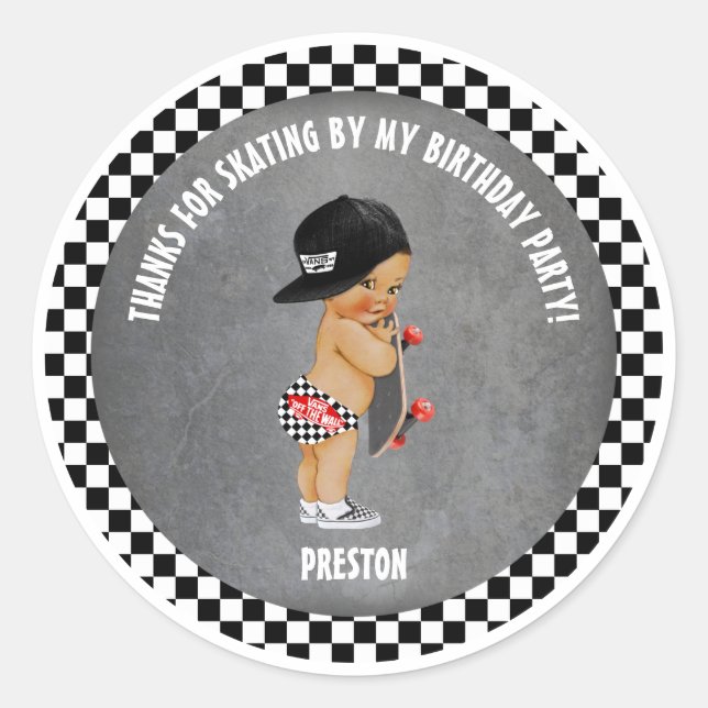Skateboard Boy Hat Skater Red Grey Black Check Classic Round Sticker (Front)