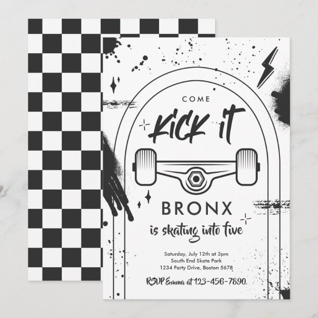 Skateboard Come Kick It Urban Sport Birthday Party Invitation (Front/Back)