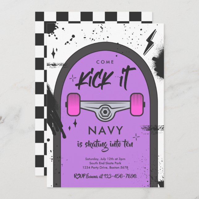 Skateboard Come Kick It Urban Sport Birthday Party Invitation (Front/Back)