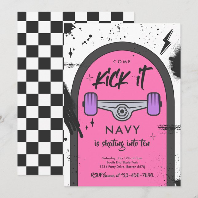 Skateboard Come Kick It Urban Sport Birthday Party Invitation (Front/Back)