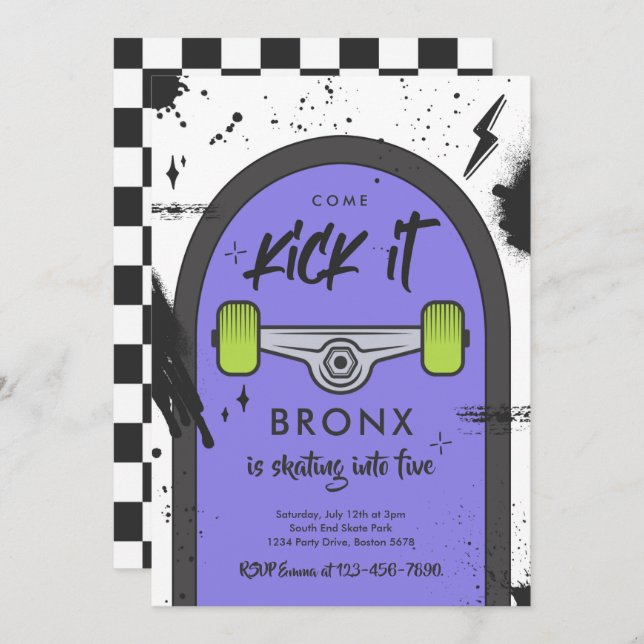 Skateboard Come Kick It Urban Sport Birthday Party Invitation (Front/Back)