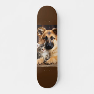 Skateboard Dog and cat together as friends