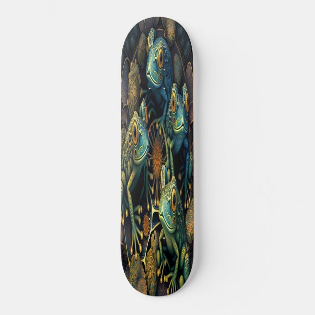 Skateboard Girly Cute Blue Gold Artistic Frogs (Front)