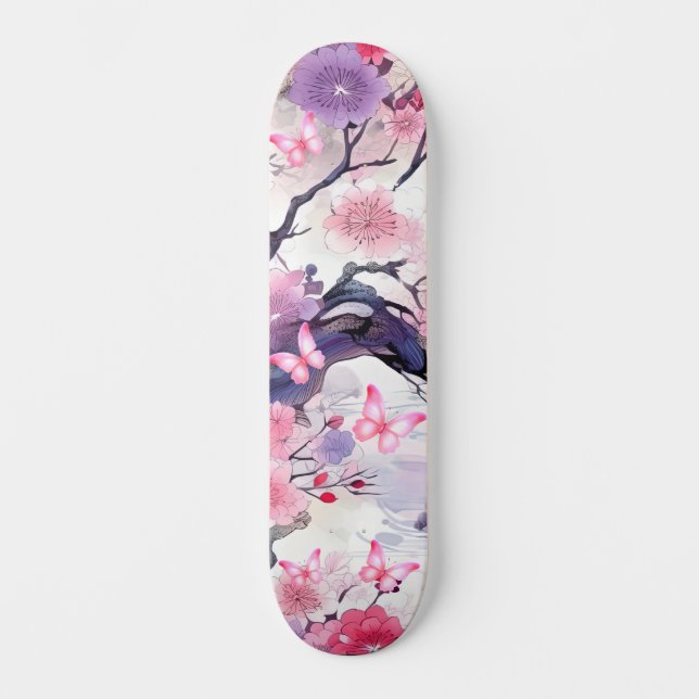 Skateboard Japanese Cherry Blossom & Butterflies (Front)
