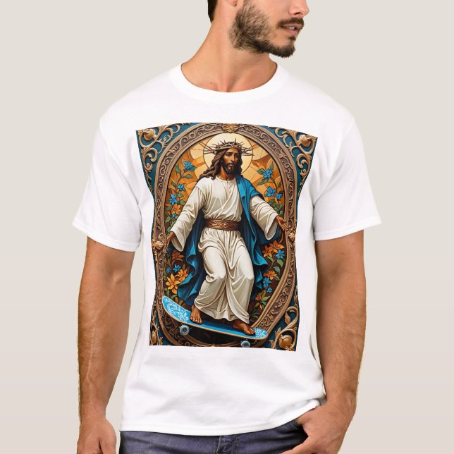 Skateboard Jesus Sacred Art Funny Religious Tshirt (Front)