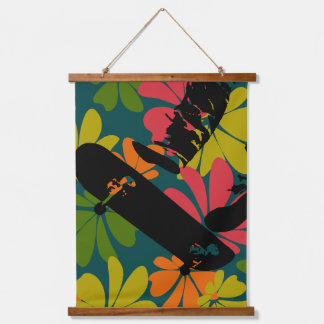 Skateboard Jump  60s  Floral Teal Brite Hanging Tapestry