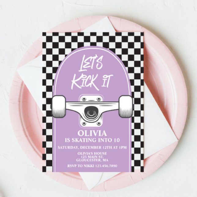 Skateboard Let's Kick It purpl Birthday Invitation (Creator Uploaded)