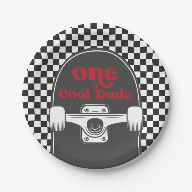Skateboard One Cool Dude Birthday Paper Plates (Front)