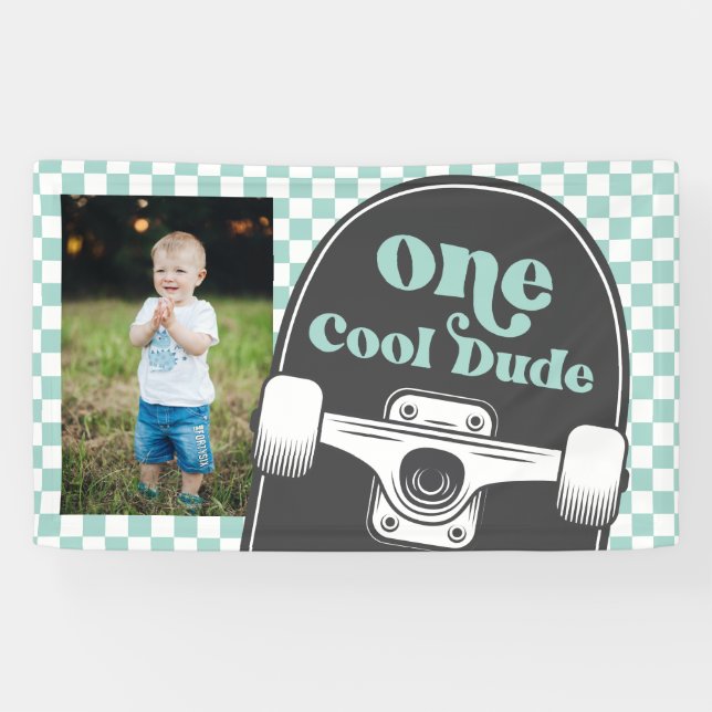 Skateboard One Cool Dude Birthday Photo  Banner (Horizontal)