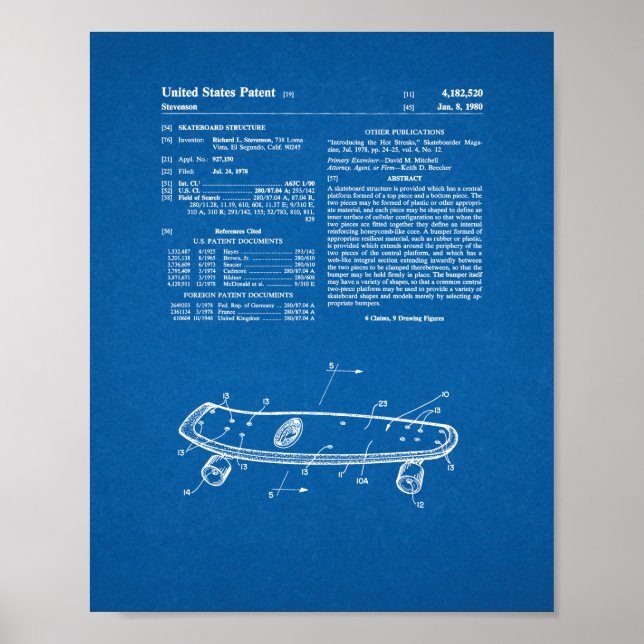 Skateboard Structure Patent - Blueprint Poster (Front)