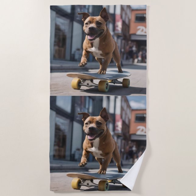 Skateboard Stunt: A Staffy on the Move Beach Towel (Front)