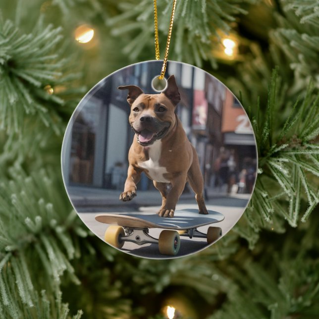 Skateboard Stunt: A Staffy on the Move Ceramic Tree Decoration (Tree)