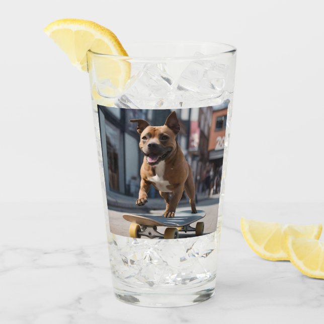 Skateboard Stunt: A Staffy on the Move Glass (Front Ice)