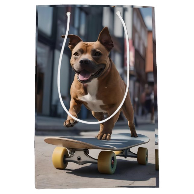 Skateboard Stunt: A Staffy on the Move Medium Gift Bag (Front)