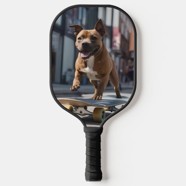 Skateboard Stunt: A Staffy on the Move Pickleball Paddle (Front)