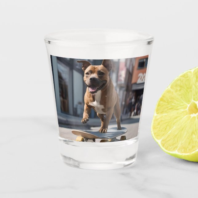 Skateboard Stunt: A Staffy on the Move Shot Glass (Front)