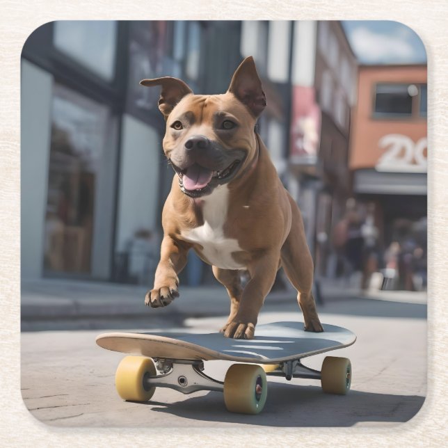 Skateboard Stunt: A Staffy on the Move Square Paper Coaster (Front)