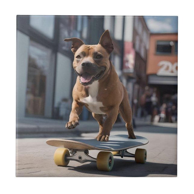 Skateboard Stunt: A Staffy on the Move Tile (Front)