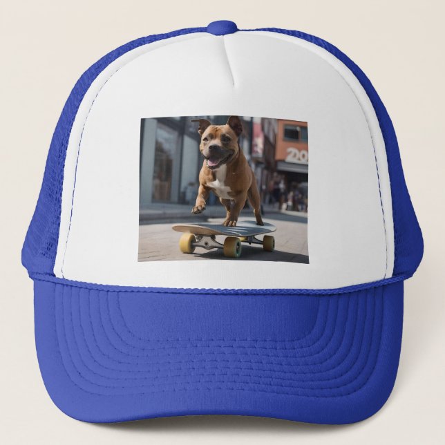 Skateboard Stunt: A Staffy on the Move Trucker Hat (Front)