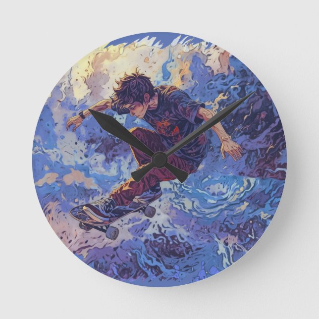 Skateboard Surfing - Skateboarder Design Round Clock (Front)