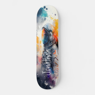 Skateboard Watercolor Moon Astronaut 