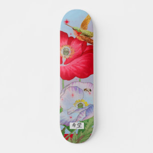 SKATEBOARD WITH JAPANESE FLOWERS AND HUMMINGBIRD
