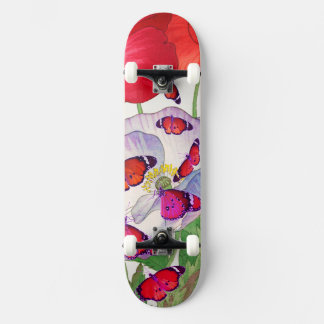SKATEBOARD WITH POPPIES AND BUTTERFLIES