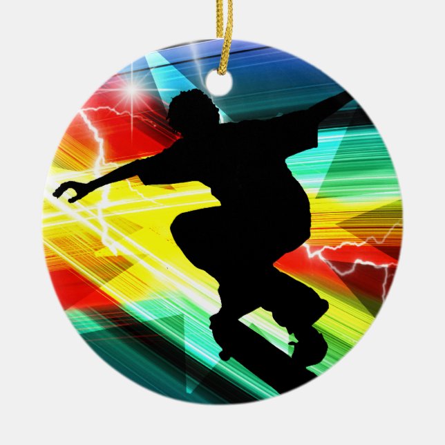 Skateboarder in Criss Cross Lightning Ceramic Tree Decoration (Front)