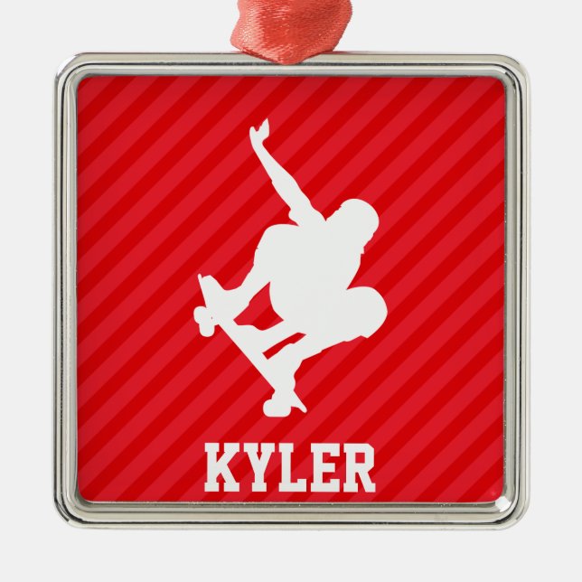 Skateboarder; Scarlet Red Stripes Metal Tree Decoration (Front)