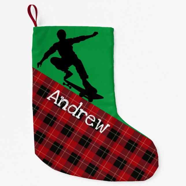 Skateboarder Silhouette Green w/Red Flannel Small Christmas Stocking (Front)