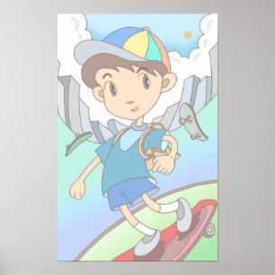 Skateboarder speeds through the city streets. poster