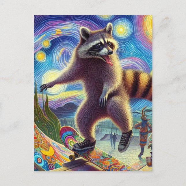 Skateboarding Adorable Surreal Racoon Postcard (Front)