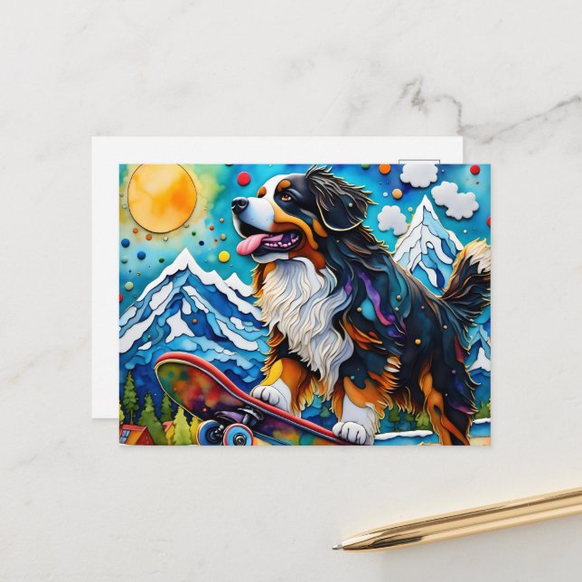 Skateboarding Bernese Mountain Dog Postcard (Front/Back In Situ)