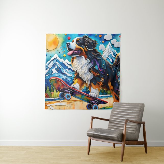 Skateboarding Bernese Mountain Dog Tapestry (In Situ)